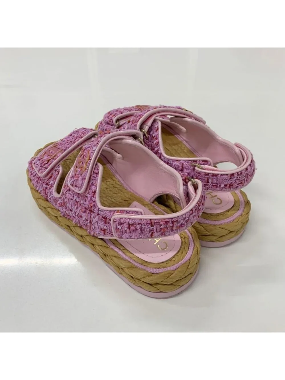 Chanel Tweed Patent CC Logo Velcro Sandals Pink